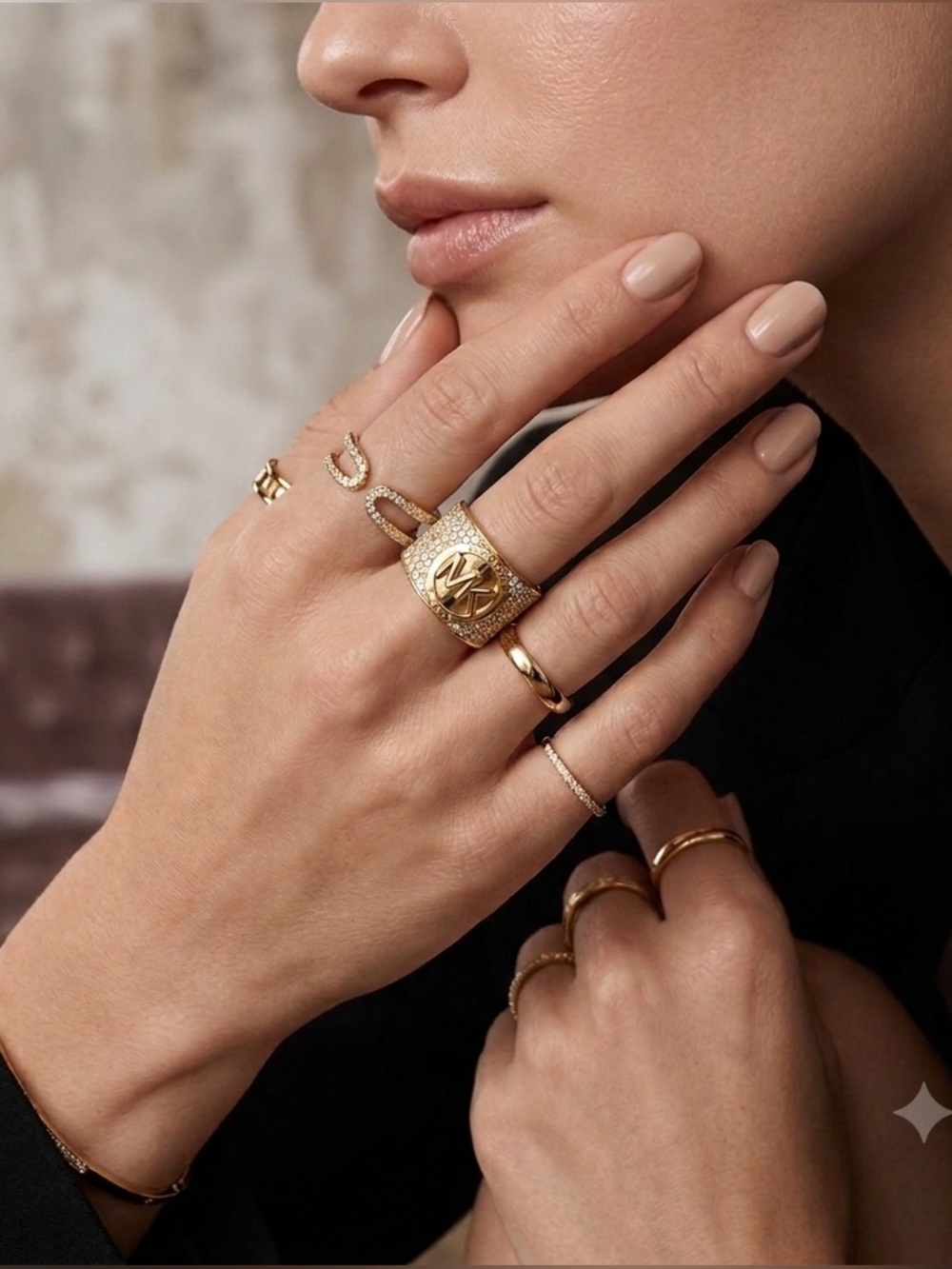 Michael Kors Pave Crystal Gold Pave Cigar Band Ring with MK Emblem NEW